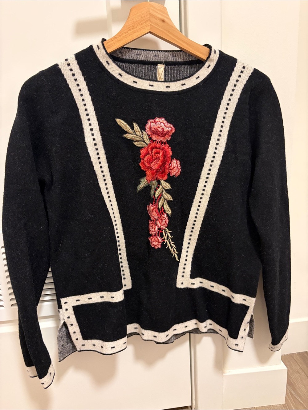 Roolee Black Crewneck Sweater with Red Floral Embroidery and Cream Trim